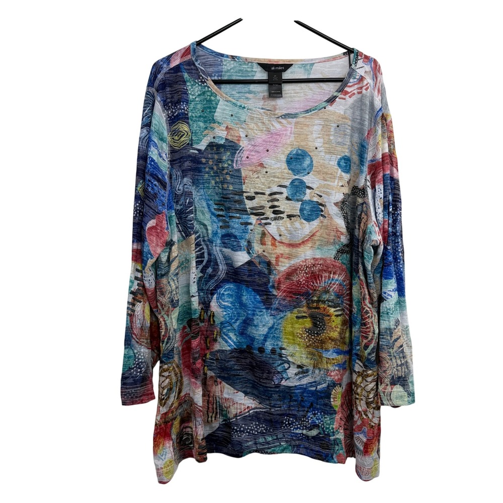 Ali Miles Top Womens 2X Blue Abstract Print Studded Burnout Long Sleeve Tunic